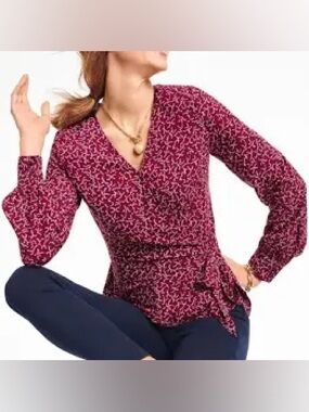 Talbots Burgundy Poet Sleeve Patterned Wrap Blouse